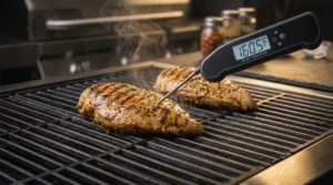 A digital meat thermometer inserted into the thickest part of a grilled chicken breast on hot cast-iron grates, displaying an internal temperature reading of 160.5°F.