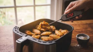 A person uses a digital meat thermometer, reading 175°F, to test a golden-brown chicken wing freshly cooked in an air fryer basket on a wooden kitchen counter.