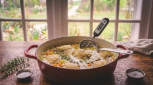A digital meat thermometer, reading 165°F, is inserted into a tender chicken piece simmering in a wide red enameled cast-iron Dutch oven filled with soup, vegetables, and herbs on a wooden kitchen table. Small dishes of salt and fresh thyme sprigs rest on the table against a bright window backdrop.