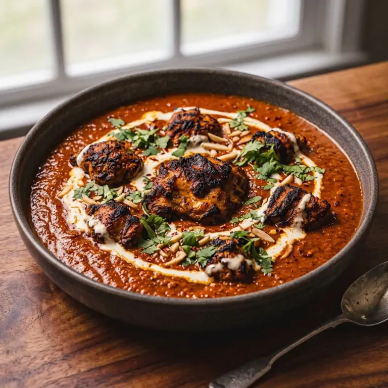 A close-up shot of a deep ceramic bowl filled with rich, vibrant orange-red chicken tikka masala sauce, topped with tender, charred chicken pieces. The dish is beautifully garnished with swirls of heavy cream, fresh cilantro leaves, and slivered almonds, resting on a warm wooden tabletop near a window.
