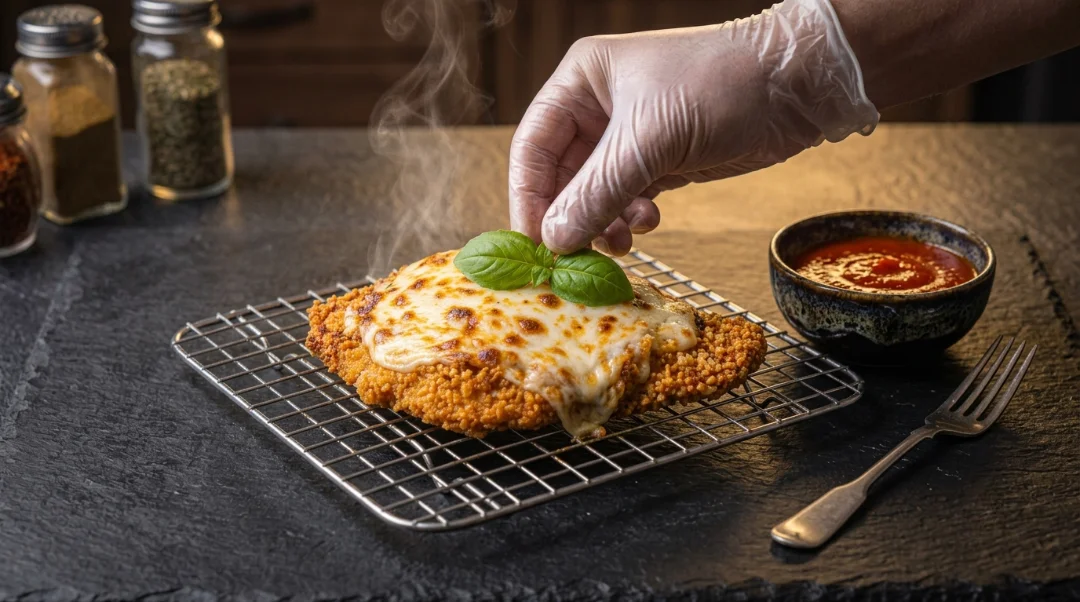 A single golden-brown chicken parmesan cutlet covered in bubbly, melted cheese and garnished with fresh basil leaves on a black plate.