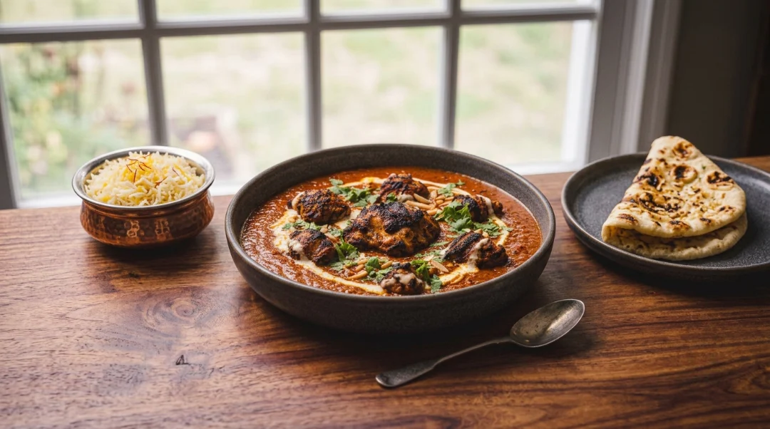 A complete Indian dining spread featuring a central ceramic bowl of rich chicken tikka masala topped with charred chicken pieces, cream swirls, and cilantro. Alongside it is a copper bowl filled with yellow saffron basmati rice and a dark plate holding folded, warm garlic naan on a wooden table in front of a bright window.