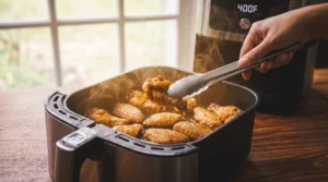 A person uses metal tongs to lift a steaming, golden-brown chicken wing out of the basket of a stainless steel air fryer set to 400°F, resting on a wooden countertop.