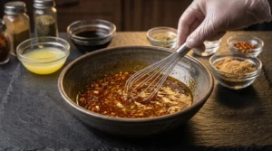 A gloved hand whisking a vibrant marinade with spices, oil, and citrus in a dark ceramic bowl on a slate kitchen counter, surrounded by small ingredient prep bowls.