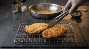 A gloved hand uses tongs to place freshly fried, golden-brown chicken cutlets onto a wire cooling rack on a dark slate counter, with a skillet in the background.