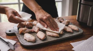 A pair of hands uses white paper towels to thoroughly pat dry raw chicken wings arranged on a dark texturized board, set on a wooden countertop next to an air fryer.