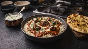 A beautiful, dark ceramic bowl filled with fluffy basmati rice and rich, creamy chicken tikka masala, topped with charred chicken pieces, a cream drizzle, and fresh cilantro. In the background are a copper bowl of raita and a piece of garlic naan on a wooden board.