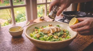 A person grinds black pepper from a small glass mill onto a finished chicken caesar salad in a large ceramic bowl, while holding a halved fresh lemon in the other hand. Homemade croutons, sliced chicken, dressing, and a cast-iron skillet on a stovetop sit in the background on a rustic wooden table by a window.