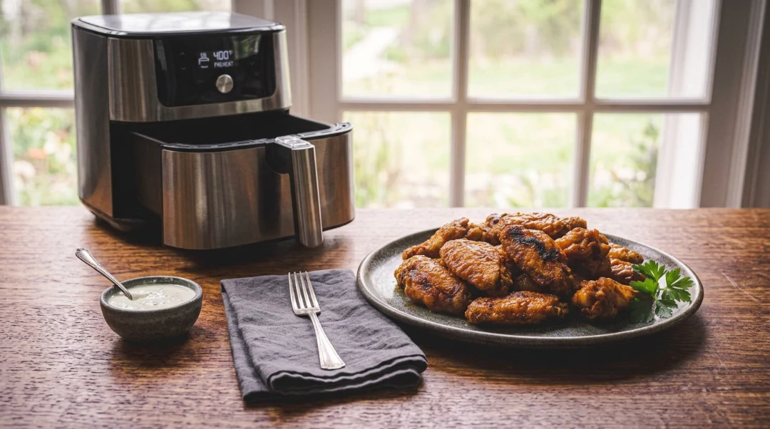 A stainless steel air fryer sits on a warm deodar wood table next to a plate piled high with golden-brown, crispy chicken wings garnished with fresh parsley. A folded grey napkin with a silver fork, alongside a small speckled bowl of white dipping sauce, completes the setup against a bright window backdrop.