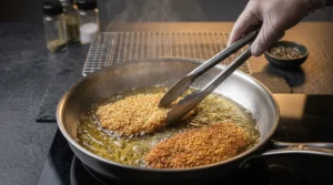 A gloved hand uses tongs to flip golden-brown breaded chicken cutlets frying in hot oil in a stainless steel skillet.