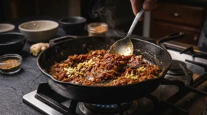 Freshly minced garlic and ginger being stirred into a rich, bubbling mixture of caramelized onions in a heavy black cast-iron skillet, with steam rising under warm kitchen lighting.