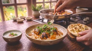 A person uses a small spoon to garnish a bowl of butter chicken over rice with fresh cilantro, alongside a bowl of raita and warm naan bread on a rustic wooden table.