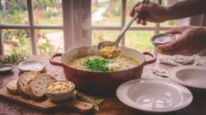 A person holds a stainless steel ladle of chicken noodle soup above a large red enameled cast-iron Dutch oven garnished with fresh chopped herbs, while holding a small dish of salt with the other hand. A wooden board with sliced artisan bread, a bowl of oyster crackers, empty serving bowls, and fresh thyme rest on a wooden kitchen table against a bright window.