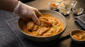 A gloved hand mixing and coating chicken pieces in a thick, vibrant orange yogurt marinade within a ceramic bowl, surrounded by small glass prep bowls of spices on a dark slate counter.