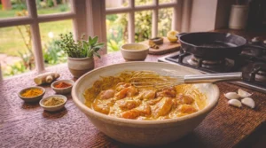 Chunks of chicken marinating in a spiced yogurt blend inside a large ceramic bowl, with a wire whisk resting across the top, on a rustic wooden kitchen counter. Small bowls of spices, fresh ginger, garlic cloves, and a potted plant sit nearby against a bright window backdrop.