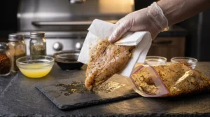 A close-up photograph of a gloved hand holding a marinated chicken breast with a paper towel, patting it dry on a slate cutting board. In the background are a stainless steel grill and bowls of marinade ingredients.