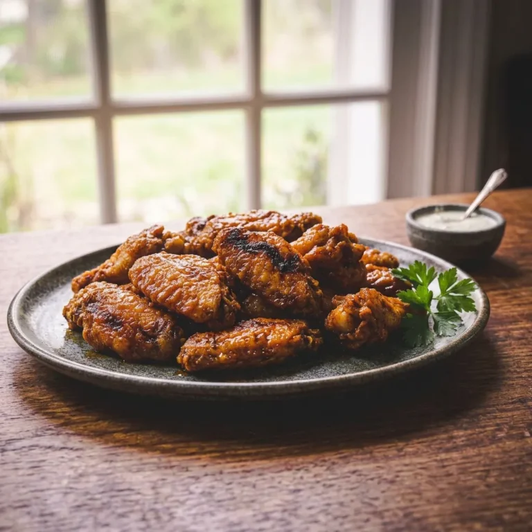 A close-up horizontal shot of a rustic ceramic plate piled high with crispy, golden-brown air-fried chicken wings, garnished with fresh flat-leaf parsley. A small speckled bowl of creamy white dipping sauce with a mini spoon rests on the warm deodar wood table next to the plate, with a soft-focus window in the background.