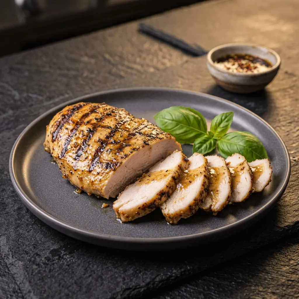A sliced grilled chicken breast beautifully arranged on a dark slate plate, garnished with fresh basil leaves, resting on a textured dark background with a small bowl of dipping sauce.