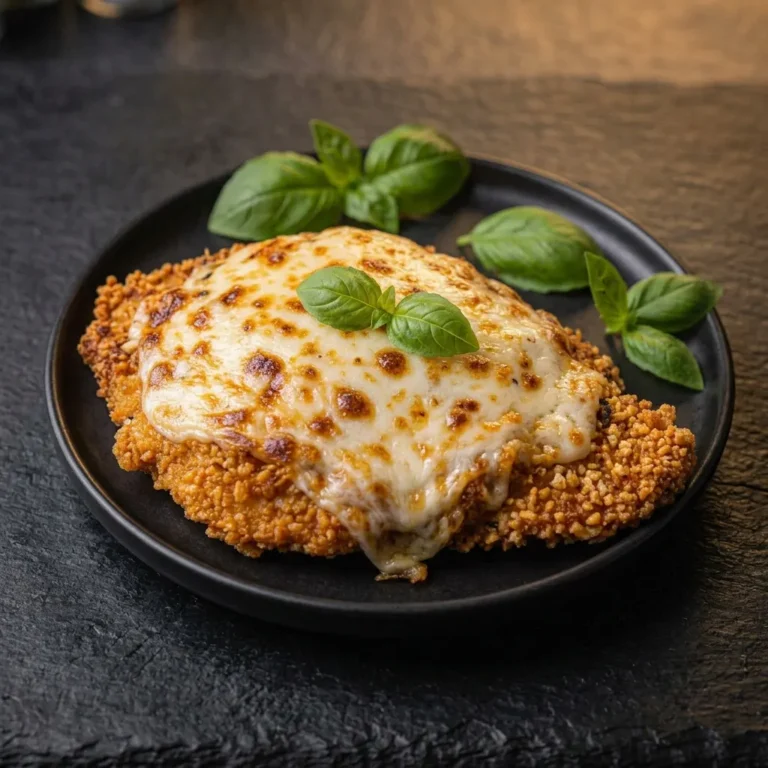 A freshly baked chicken parmesan cutlet topped with melted cheese and fresh basil, served alongside a side of spaghetti on a black plate.