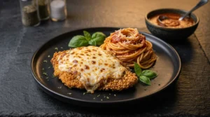 A freshly baked chicken parmesan cutlet topped with melted cheese and fresh basil, served alongside a side of spaghetti on a black plate.