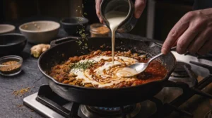 A close-up shot in a moody kitchen shows a home cook pouring heavy cream from a small dark ceramic pitcher into a simmering cast-iron skillet. The skillet holds a rich, bubbling spiced tomato and onion sauce for chicken tikka masala. Simultaneously, dried herbs are being sprinkled from above into the cream, while a large metal spoon rests in the mixture.