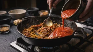 A hand pours smooth red tomato puree from a ceramic bowl into a seasoned cast-iron skillet containing caramelized onions and warm spices on a gas stove.