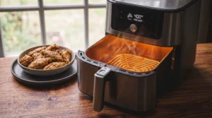A stainless steel air fryer with its basket pulled out, glowing orange as it preheats to 400°F on a wooden kitchen counter. Next to it, a plate holds a batch of seasoned chicken wings.