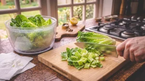 A person uses a chef's knife to chop crisp romaine lettuce on a wooden cutting board next to a clear plastic salad spinner filled with washed greens. A stove, lemon, and anchovies sit in the background on a rustic table by a window.