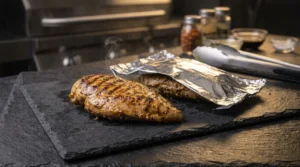 Two freshly grilled chicken breasts resting on a slate cutting board, with one loosely tented under a sheet of aluminum foil, letting wisps of steam rise as juices redistribute.