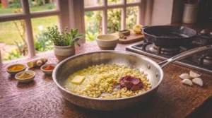 A stainless steel skillet on a rustic wooden counter contains chopped onions, minced ginger and garlic, a pat of butter, and a dollop of tomato paste. Small bowls of spices, a potted plant, and a window are in the background.