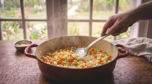 A person uses a slotted metal spoon to stir and sauté a colorful blend of finely diced carrots, celery, and onions in a wide red enameled cast-iron Dutch oven on a rustic wooden table in front of a bright window.