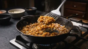 A metal spatula lifting a portion of golden-brown sautéed onions from a seasoned cast-iron skillet on a gas stove, with steam rising and prep bowls in the blurred background.