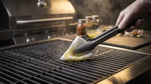 A gloved hand uses metal tongs to hold an oil-soaked paper towel, rubbing it across hot cast-iron grill grates, creating a wisp of smoke. In the background are a stainless steel gas grill and small spice jars.