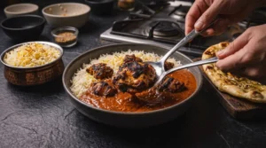 A person uses serving utensils to lift a piece of charred chicken tikka from a large bowl filled with rich tikka masala sauce and basmati rice, with a bowl of saffron rice and flatbread nearby on a dark surface.