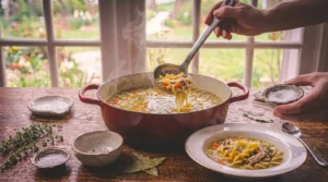 A person uses a stainless steel ladle to scoop steaming chicken noodle soup from a wide red enameled Dutch oven into a ceramic bowl on a rustic wooden kitchen table, while holding a small dish of salt. Fresh herbs, salt dishes, and a spoon rest on the counter against a bright window backdrop.