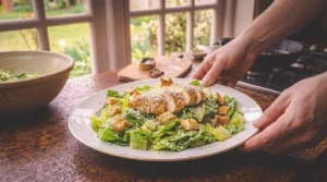A person sets down a white ceramic plate filled with a dressed chicken caesar salad, topped with sliced chicken breast, homemade croutons, and grated parmesan cheese, on a rustic wooden table by a bright window.