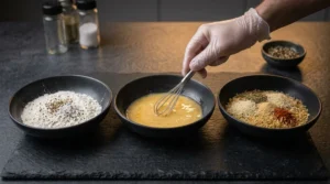 A gloved hand uses a small whisk to beat eggs in a central black bowl, flanked by bowls of seasoned flour and breadcrumbs on a dark slate counter.