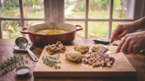 A person uses two forks to shred cooked chicken pieces on a wooden cutting board next to a red enameled Dutch oven of simmering soup, fresh thyme, a small dish of salt, and a ladle on a rustic table against a bright window.