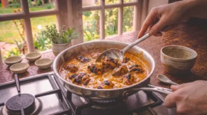 A person uses a serving spoon to stir charred chicken pieces simmering in a rich, bubbling orange butter chicken sauce inside a stainless steel skillet on a stovetop near a window.