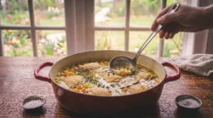 A close-up shot of a person using a stainless steel ladle to scoop rich broth from a wide red enameled cast-iron Dutch oven filled with simmering chicken pieces, diced vegetables, bay leaves, and sprigs of fresh herbs on a wooden kitchen table. Two small dishes of coarse salt flank the pot in front of a bright, sunlit window.