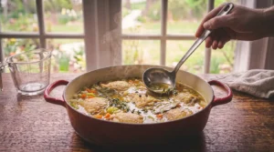 A person uses a stainless steel ladle to scoop steaming broth from a red enameled cast-iron Dutch oven filled with simmering chicken pieces, vegetables, bay leaves, and fresh herbs on a rustic wooden table in front of a bright window, with a glass measuring cup nearby.