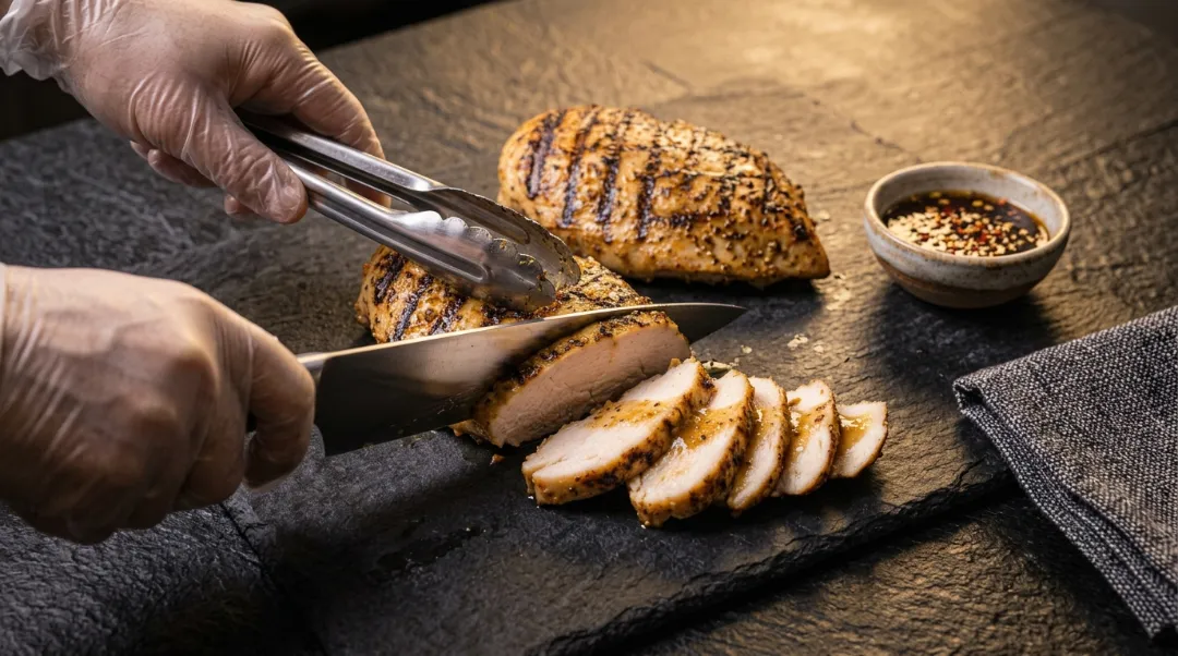 A pair of hands in disposable gloves using stainless steel tongs to hold a grilled chicken breast steady while a chef's knife slices it into clean portions on a dark slate cutting board.