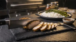 A chef's knife slicing into a tender, juicy grilled chicken breast on a slate cutting board, revealing neat slices with visible moisture, accompanied by a plate of rice and grilled asparagus in the background.