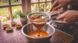 A person uses a spoon to push a vibrant orange sauce through a fine mesh strainer set over a stainless steel mixing bowl on a rustic wooden counter. Small spice bowls, a potted plant, and a stovetop sit in the background near a window.