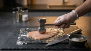 A gloved hand uses a metal meat mallet to tenderize a chicken breast covered in plastic wrap on a dark slate board, with a knife and a bowl of seasonings nearby.