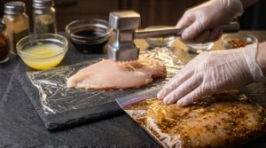 A gloved hand using a meat mallet to flatten a chicken breast on plastic wrap next to a bag of marinating chicken on a slate counter.