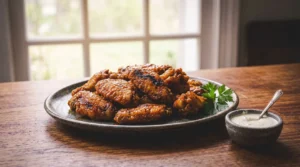 A beautifully plated serving of crispy, air-fried chicken wings coated in a rich, dark glaze, garnished with fresh parsley. The wings are on a rustic plate on a wooden table, accompanied by a small bowl of creamy dipping sauce with a tiny spoon, with a sunlit window in the background.