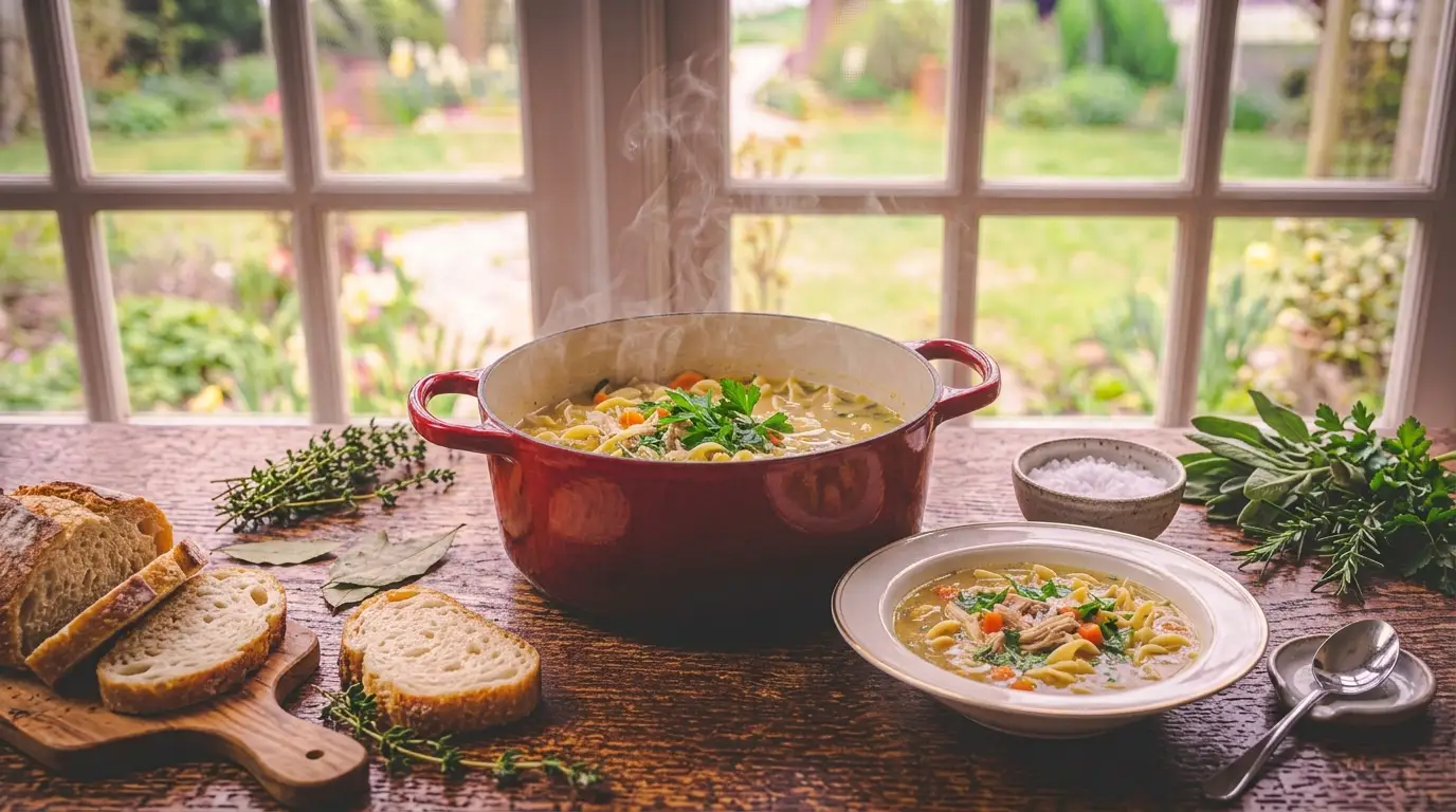 A large red enameled cast-iron Dutch oven filled with steaming homemade chicken noodle soup, garnished with fresh parsley, sits on a rustic wooden table in front of a sunlit window. A bowl of soup, sliced artisan bread on a wooden board, fresh herbs, a small bowl of coarse salt, and a spoon complete the cozy, complete spread.