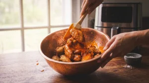 A person uses a silicone spatula to toss crispy air fryer chicken wings in a large hammered copper bowl filled with glossy buffalo sauce, on a wooden countertop next to an air fryer.
