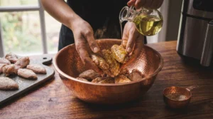 A person's hands toss raw chicken wings in a large hammered copper bowl while pouring a drizzle of oil from a small glass cruet, with spices and an air fryer on a wooden countertop.